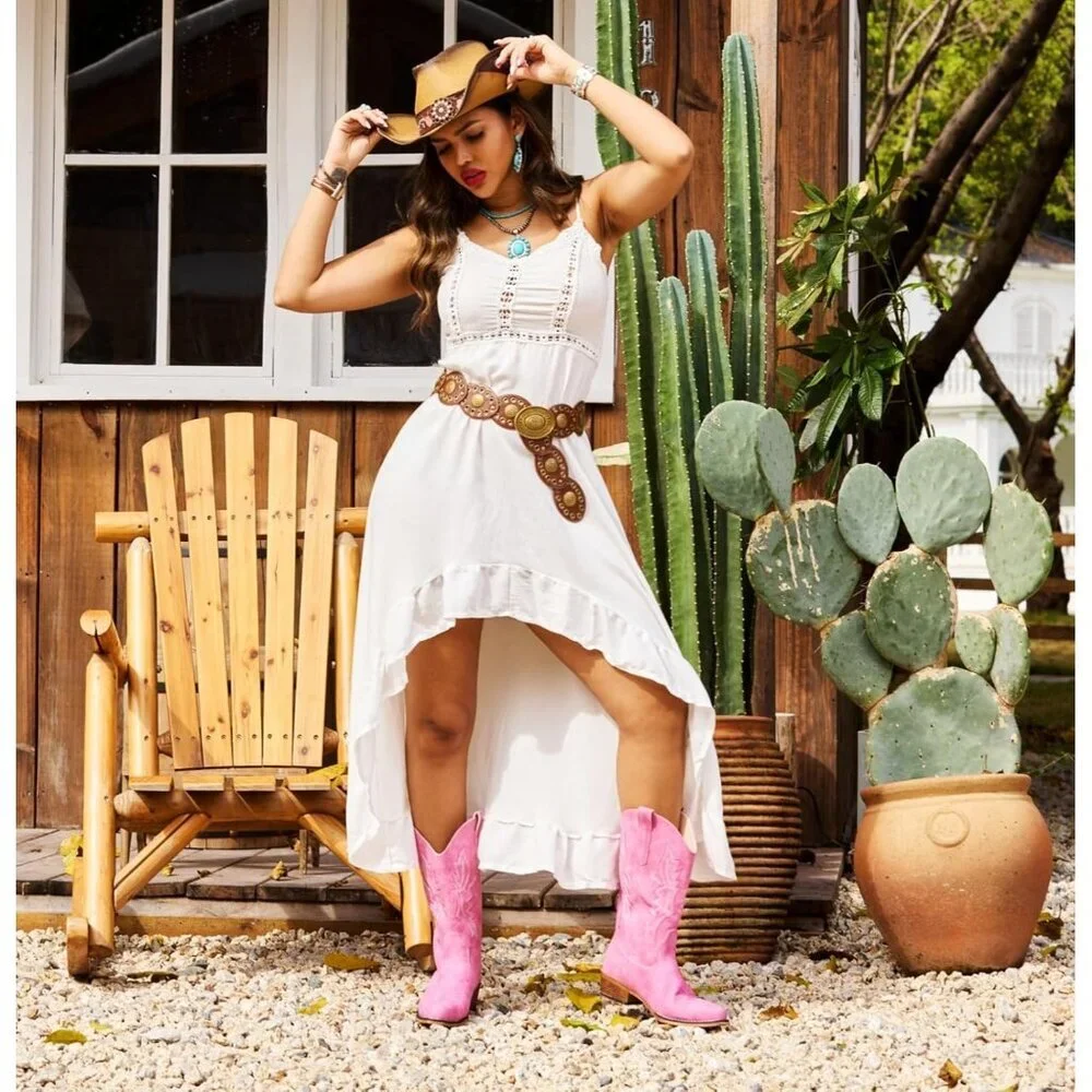 Women's Pink Western Boots Cowgirl Boots Pull On Pointy Toe Mid Calf Boots